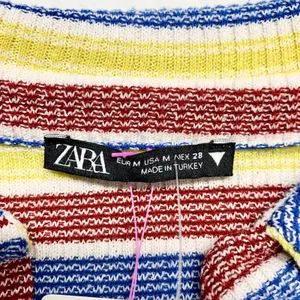 Zara Striped Ribbed‎ Knit Polo Shirt Womens Size M Multicolor Retro Y2K V-Neck thumbnail 2