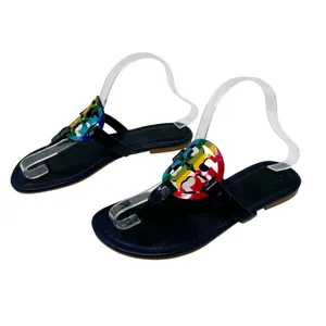 TORY BURCH Navy Blue Rainbow Stripe Miller Logo Patent Leather Sandals Size 7 thumbnail 4