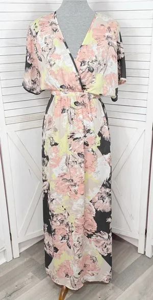 Bar III Floral Boho Faux Wrap Dolman Sleeve Maxi Dress Peach Black Multi XS thumbnail 1