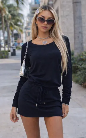 Vintage Y2K JUICY COUTURE Velour Mini Dress Long Sleeve Size XS-S Black P thumbnail 1