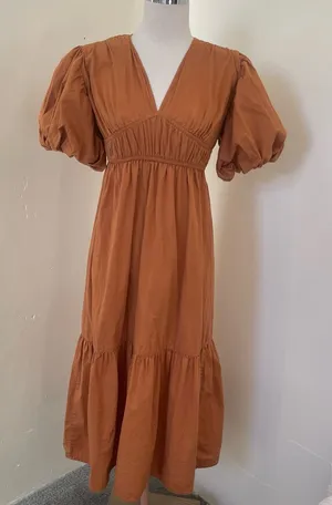 Jessica Simpson Terracotta Puff-Sleeve tiered Maxi Dress Sz XS thumbnail 1