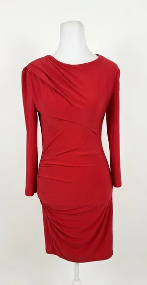Juicy Couture Dress Womens Small S Red Jersey Ruched Asymmetric Long Sleeve Mini thumbnail 1