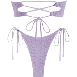 ZAFUL Lavender Bandeau Bikini Strapless O Ring Lace Knit Two-Piece Swimsuit SMAL thumbnail 2