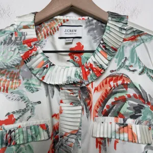 J. Crew Collection‎ Women Rooster Top M White Pleated Button Front Top Novelty thumbnail 4
