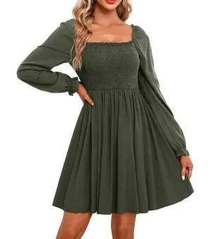 Holipick Olive Green Smocked Long Sleeve Mini Dress XL Square Neck Cottagecore thumbnail 1