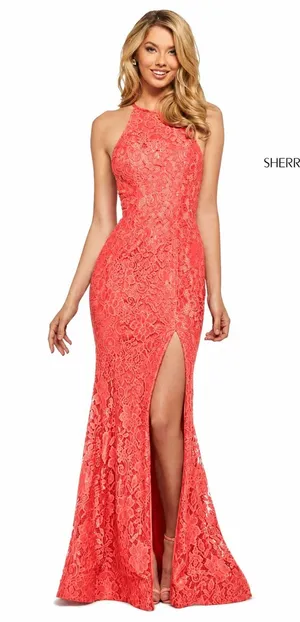 NWT Sherri Hill 53361 Coral Stretch Lace High Slit Halter Gown Dress Size 8 thumbnail 1