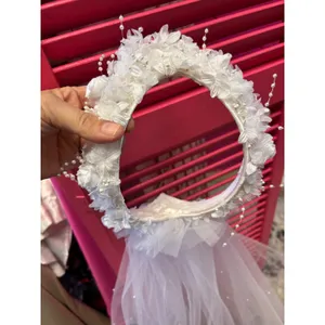 White Floral Bridal Crown Headband w/ Tiered Pearl Tulle Veil Wedding Accessory thumbnail 5