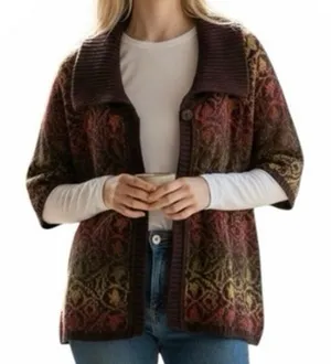 DKNY Jeans Cardigan Lg Brown Multicolor Knit‎ Short Sleeve Button Boho Sweater thumbnail 1