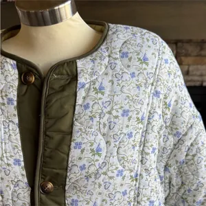 Anthropologie Tan Floral Reversible Quilted Puffer Jacket thumbnail 8