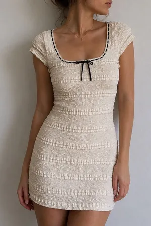 Madden NYC Cream Lace Tiered Mini Dress Ruffle Bow XS‎ Coquette Balletcore thumbnail 1