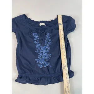 Abercrombie & Fitch Navy Off Shoulder Top Puff Sleeves Floral Embroidery S thumbnail 6