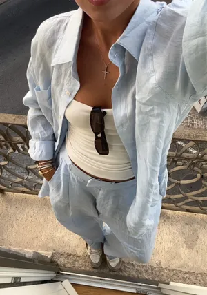 100% Linen Baby Blue Wide Leg Trousers thumbnail 1