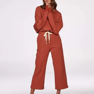 Charlie Holiday Rust Waffle Knit Sweatshirt Wide Leg Pants Lounge 2 Piece Set thumbnail 2