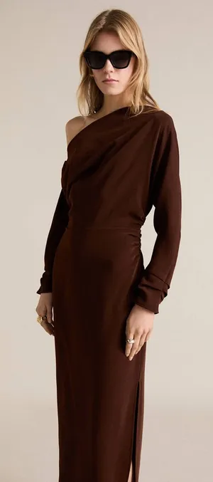 Mango Asymmetrical Elegant One-Shoulder Brown Midi Dress Gathered Sides Sz M thumbnail 1