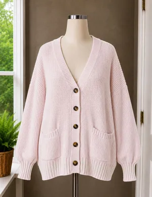 KBB by Kahlana Pink Waffle Knit Oversized Button Front Cardigan Sweater Small thumbnail 1
