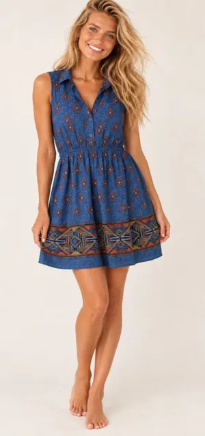 Monteau Geometric Border Mini Dress Boho Festival Southwestern Artisan Desert M thumbnail 1