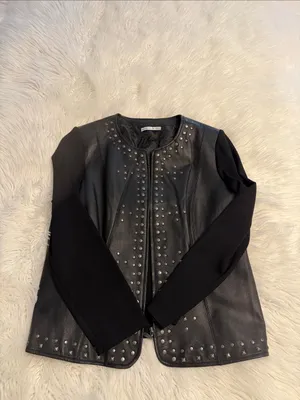 Peter Nygard Black Studded Leather-Front Jacket with zipper length 25” bust 36” thumbnail 6