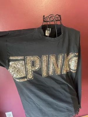 Victoria's Secret PINK Black Long-Sleeve Tee with Gold Sequin Logo thumbnail 1