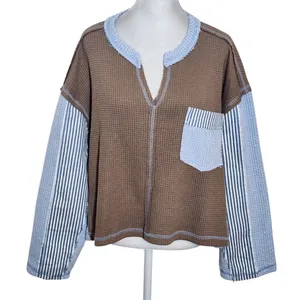 POL Brown and Blue Oversized Distressed Waffle Knit Top Size Small thumbnail 1