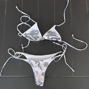 SHEIN White & Black Dragon Print Tie-Side Bikini Set thumbnail 3