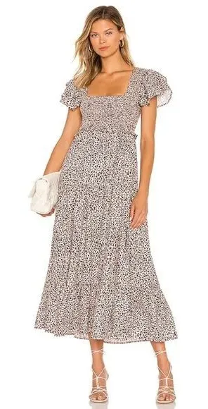 Revolve Majorelle Dress Beige Jade Maxi Cheetah Fit Flare Tiered Smocked Small thumbnail 1