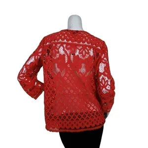 Zac & Rachel Red Floral Lace Cutout Split Neck Cami Lined Boho Tunic Blouse Sz S thumbnail 2
