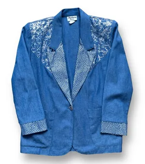 Vintage‎ Blue Denim Blazer Silver Polka Dot Boho Western Jacket Artsy Eclectic thumbnail 1