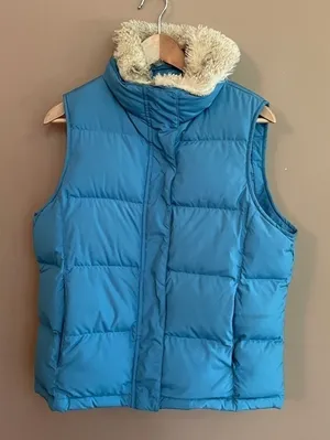 L.L. Bean Goose‎ Down Faux Fur Trim Vest Blue Size Medium thumbnail 1
