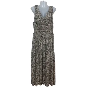 Old Navy Women's L Floral Smocked Waist V-Neck Maxi Dress Beige Brown Sleeveless thumbnail 3