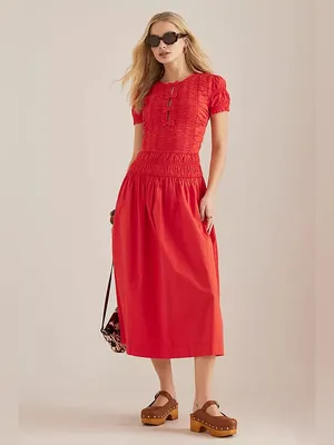 Damson Madder Smocked Drop Waist Stretch Organic Cotton Midi Dress 10 thumbnail 9
