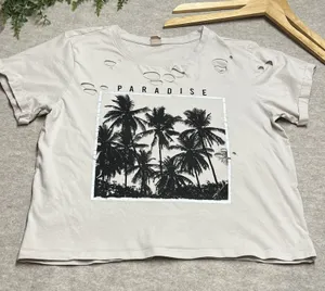 Messy Bun Just Chillin Paradise Palm Distressed Tshirt Women's XL EUC Casual‎ Summer Beach Vacation thumbnail 1