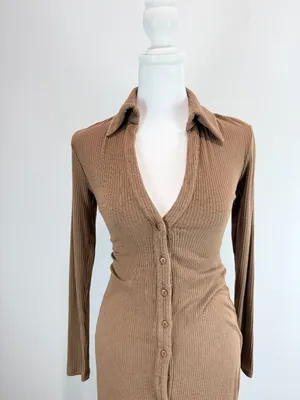 Lucca Brown Ribbed Long Sleeve Button-Down Midi Dress With Collared Neckline S thumbnail 5