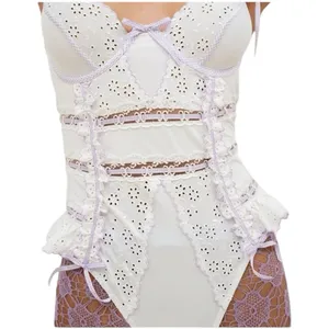 For Love and Lemons Daisy Eyelet Embroidered Bodysuit White and Lavender 36C NWT thumbnail 3