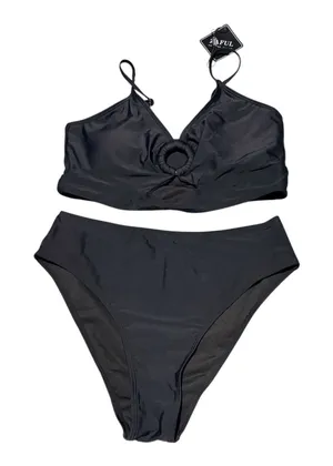 Zaful Black Ring Cut Out Bikini Set High Waisted Two Piece Swimsuit Medium NEW thumbnail 1