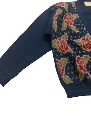 Pendleton Navy Floral Rose Print Cardigan Sweater Wool Knit Button Large Women's thumbnail 4