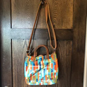 Fossil Crossbody Bag Calypso Key-Per Purse Multi Color Block Coated Canvas Brown thumbnail 4