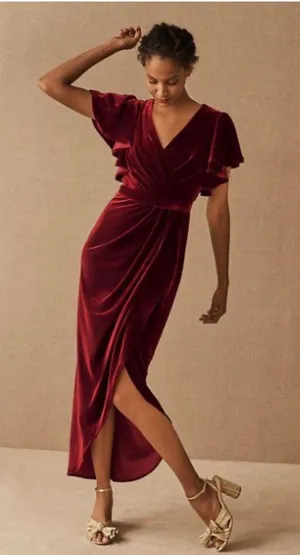 BHLDN Anthropologie Dover Burgundy Velvet Wrap Maxi Dress Size L Made in USA thumbnail 1