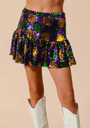 SO‎ ME Mardi Gras Checker Sequins Mini Skirt Size L thumbnail 1