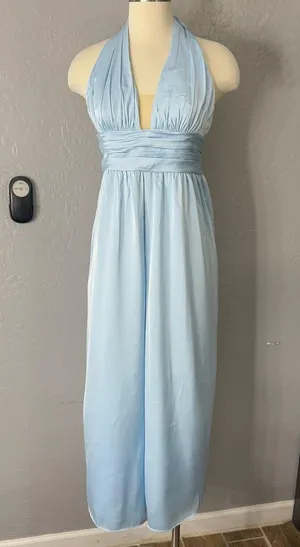 Azazie Oli Stretch Sky Blue Pleated Stretch Satin Jumpsuit thumbnail 1