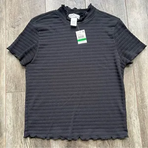 Planet Gold Macy’s NWT Black Mock Neck Lettuce Trim Ribbed Short Sleeve Top thumbnail 8
