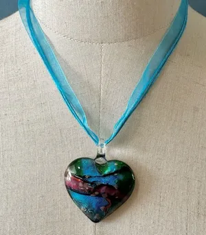 Blue heart glass blown pendant necklace on cord thumbnail 1
