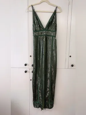 ASOS Olive Green Sequin Maxi Dress Deep V Front Slit Glam Evening Gown US 6 thumbnail 3