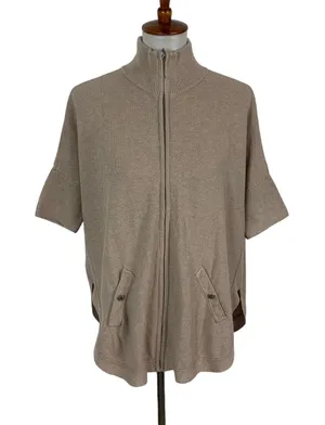 White House Black Market Sweater XS Tan Zip Up Short Sleeve Work Chic thumbnail 1