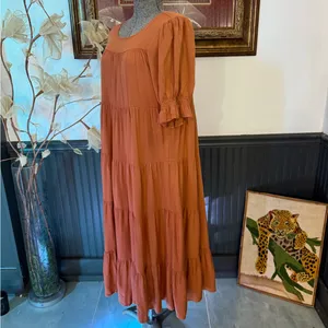 Bohme Bohemian Danae Tiered Camel Brown Midi Dress Sz Small 🍄 thumbnail 4
