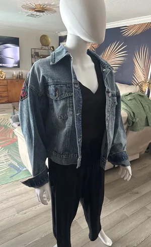 Chance Off Embroidered Boho Denim Jacket with Coin Fringe One Size thumbnail 1