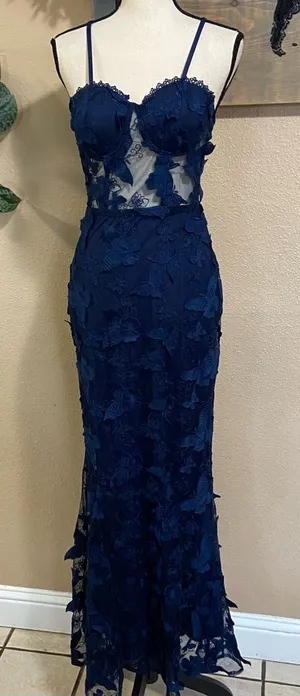 NWOT Navy Blue 3D Floral Appliqué Sheer Panel Gown Size Small thumbnail 1