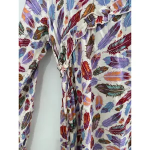 Roper Long Sleeve Multi Color Feather Print Rayon Dress‎ Medium NWT Western Mini thumbnail 9