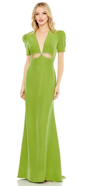Mac Duggal Plunge Neck Puff Sleeve Cut Out Gown- Green Apple- Size 10- NWT thumbnail 1
