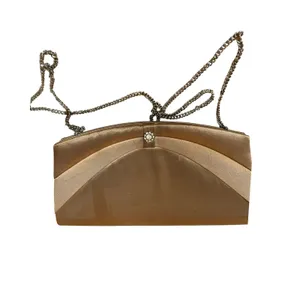 Champagne Gold Satin Evening Clutch Rhinestone Accent‎ Chain Strap Bag thumbnail 3
