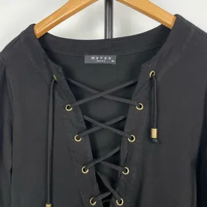 Maven West Black Lace-Up Neckline Long‎ Bell Sleeve Mini Shift Dress thumbnail 3